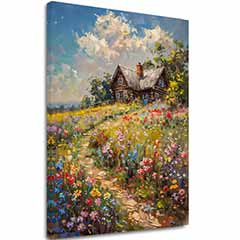 Pictura pe panza Căsuță într-un câmp de flori | Detalii acrilice